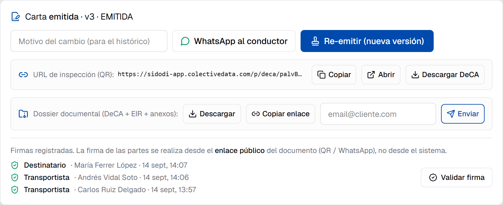 Barra de documento en SIDODI: carta emitida en versión 3, URL de inspección, descarga del DeCA, dossier documental con envío por correo y firmas registradas del destinatario y de dos transportistas con fecha y hora, con opción de validar firma.