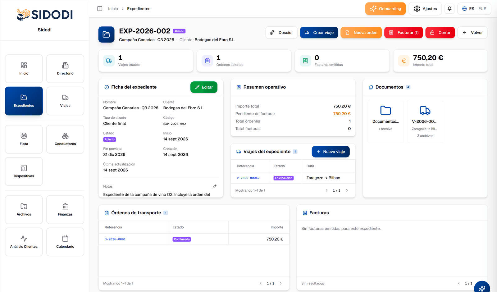 Expediente en SIDODI con viajes, órdenes de transporte, facturas, resumen operativo y documentos agrupados para un cliente.