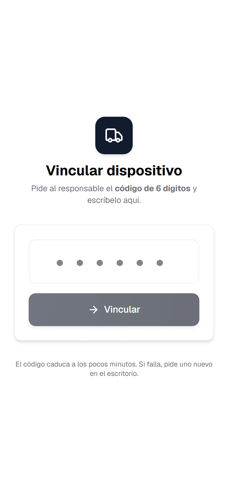 Vincular dispositivo: campo para el código de seis dígitos facilitado por el responsable.