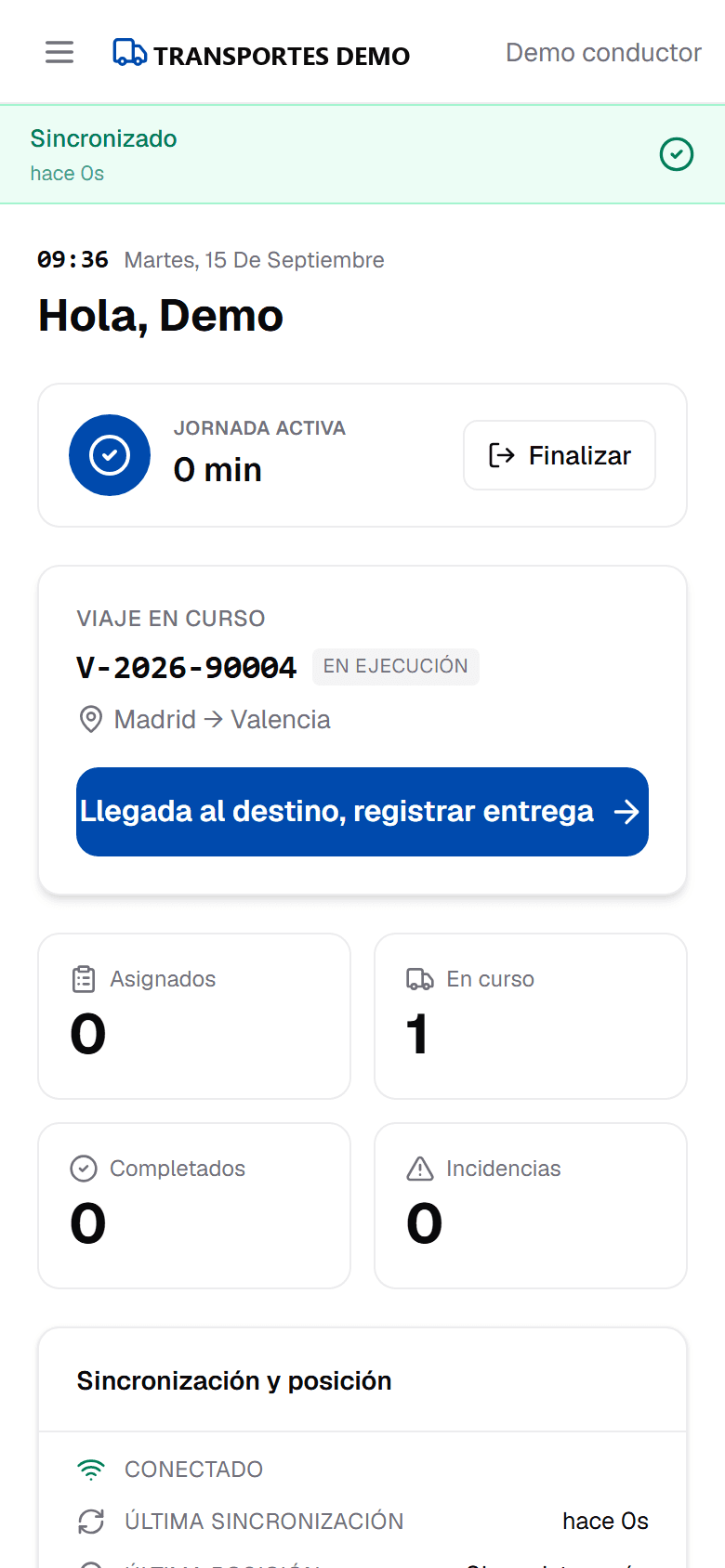 App del conductor: jornada activa, viaje en curso Madrid a Valencia y botón para registrar la entrega.