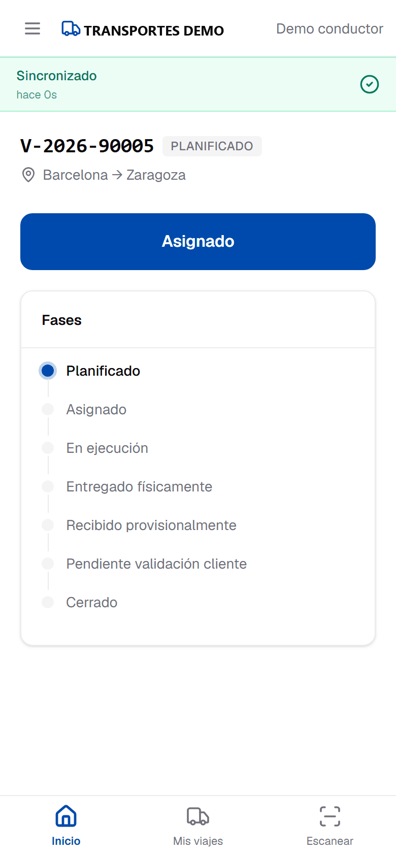 Detalle de un viaje en la app del conductor con sus fases: planificado, asignado, en ejecución, entregado físicamente, recibido provisionalmente, pendiente de validación y cerrado.