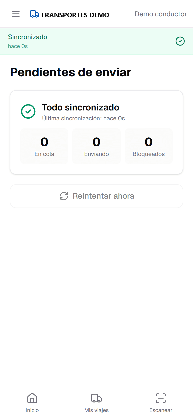 Pendientes de enviar: todo sincronizado, sin elementos en cola, enviando ni bloqueados.