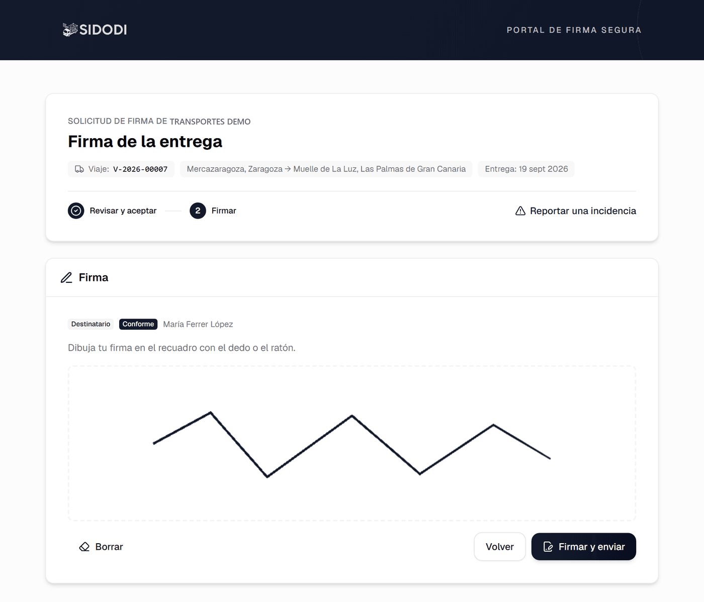 Portal de firma segura de SIDODI: firma de la entrega de un viaje por parte del destinatario, con resultado conforme.