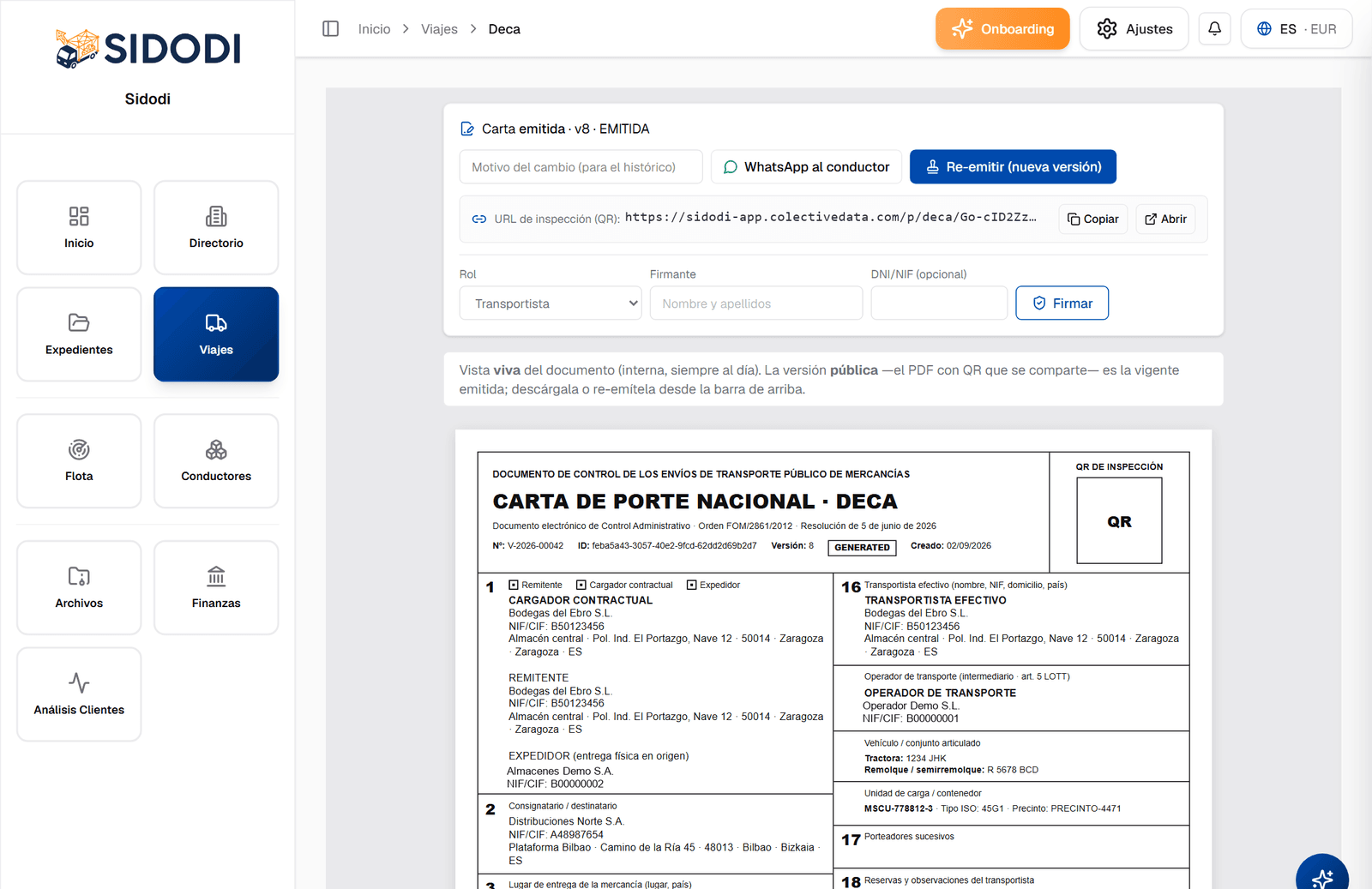 Vista del DeCA en SIDODI: carta emitida en su versión 8, con URL de inspección, envío por WhatsApp al conductor y botón de reemisión sobre el documento de control del viaje V-2026-00042.